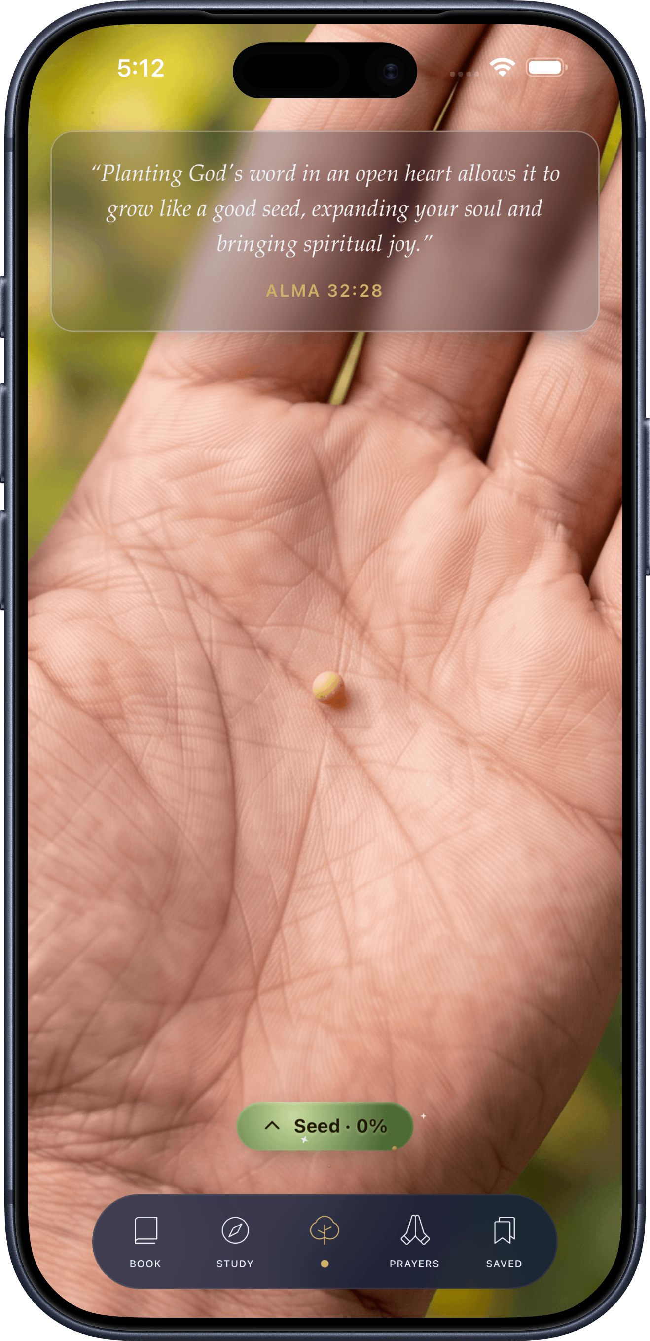 Faith tab showing a young tree growth stage and a daily task checklist