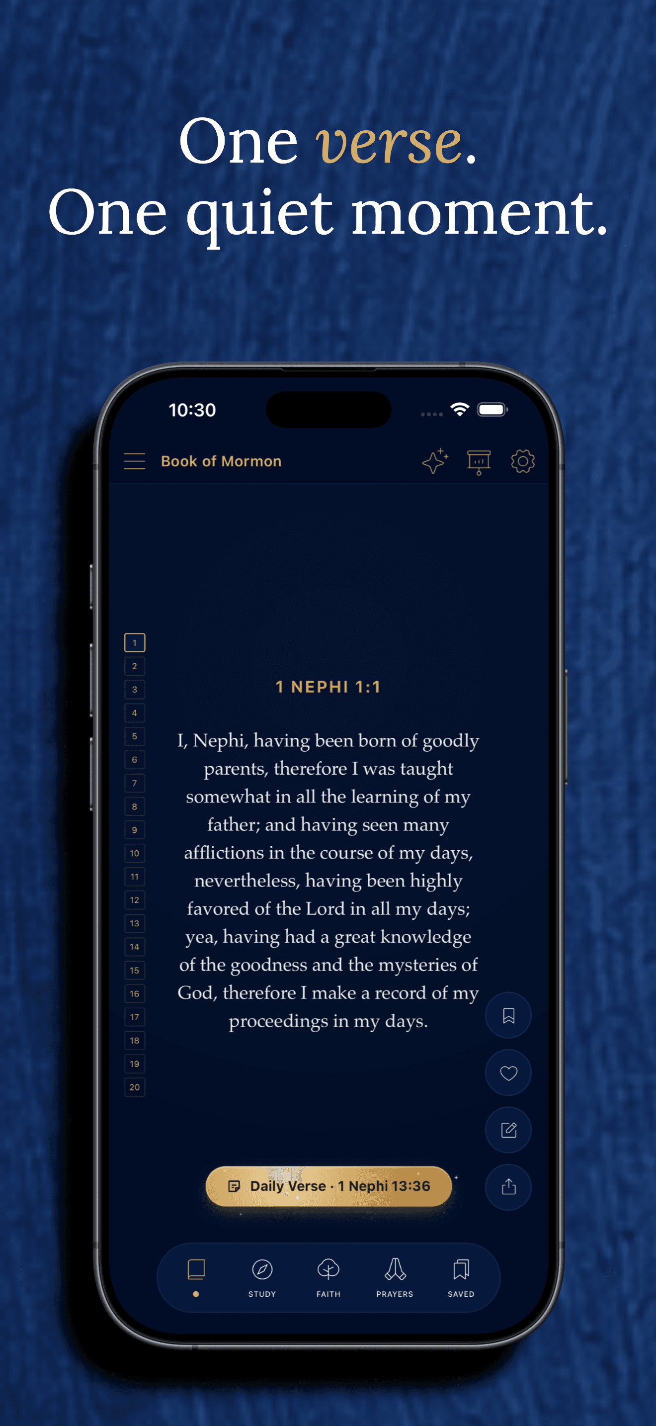 The Feed tab showing a single Book of Mormon verse, 1 Nephi 1:1, one screen at a time