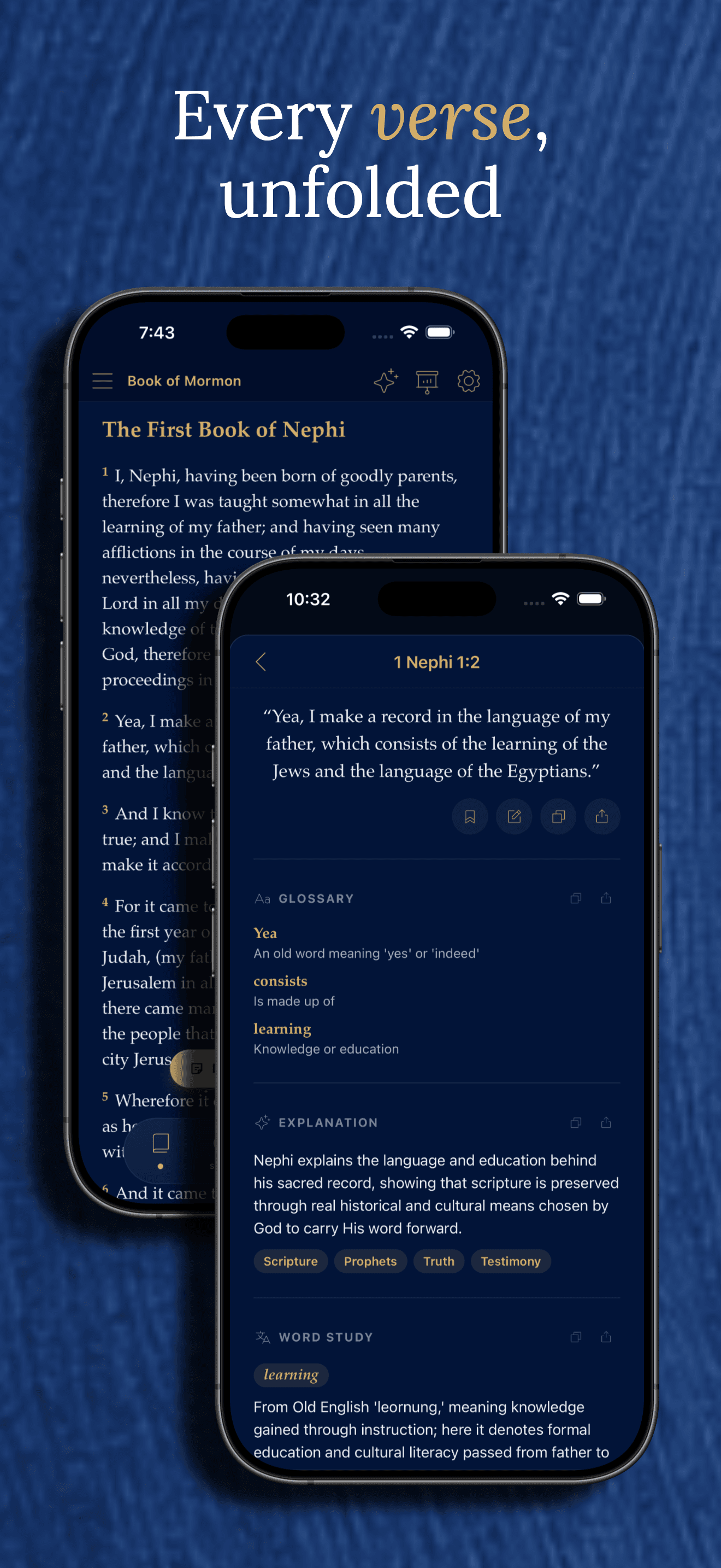 Verse detail screen with AI-generated glossary, explanation, and word-study sections for 1 Nephi 1:2
