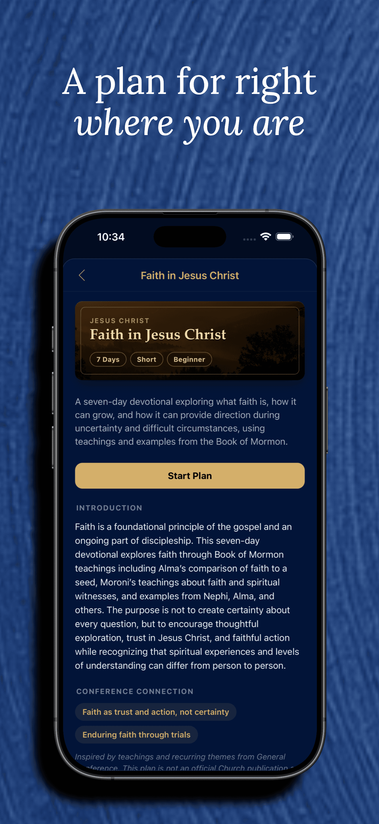 A seven-day guided reading plan on faith in Jesus Christ, with an introduction and a Start Plan button