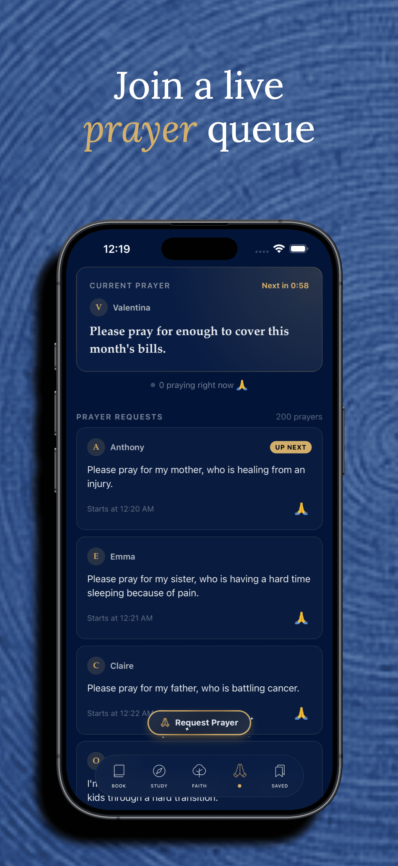 The Prayers tab showing a live, shared queue of prayer requests with a countdown to the next prayer