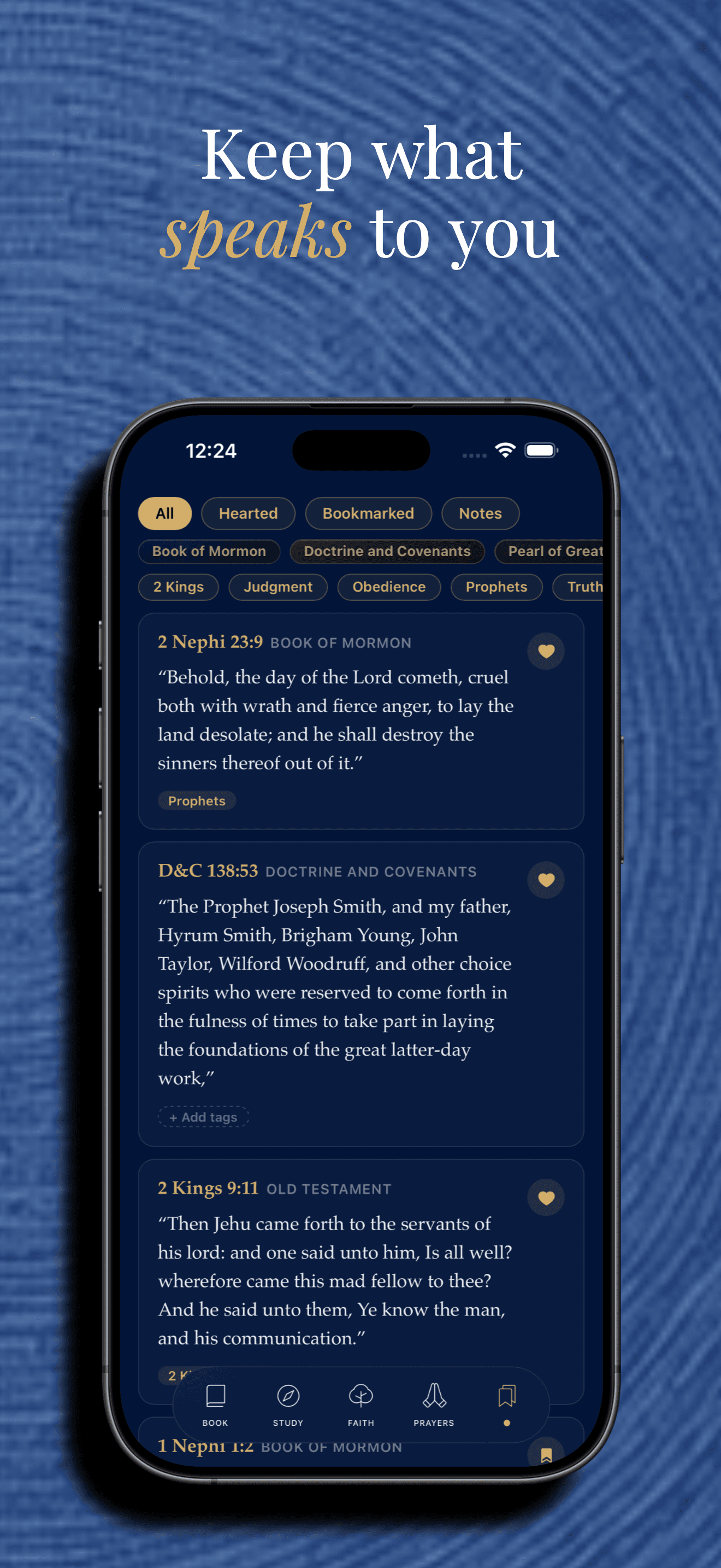 The Saved tab showing hearted, bookmarked, and noted verses, filterable by book and topic