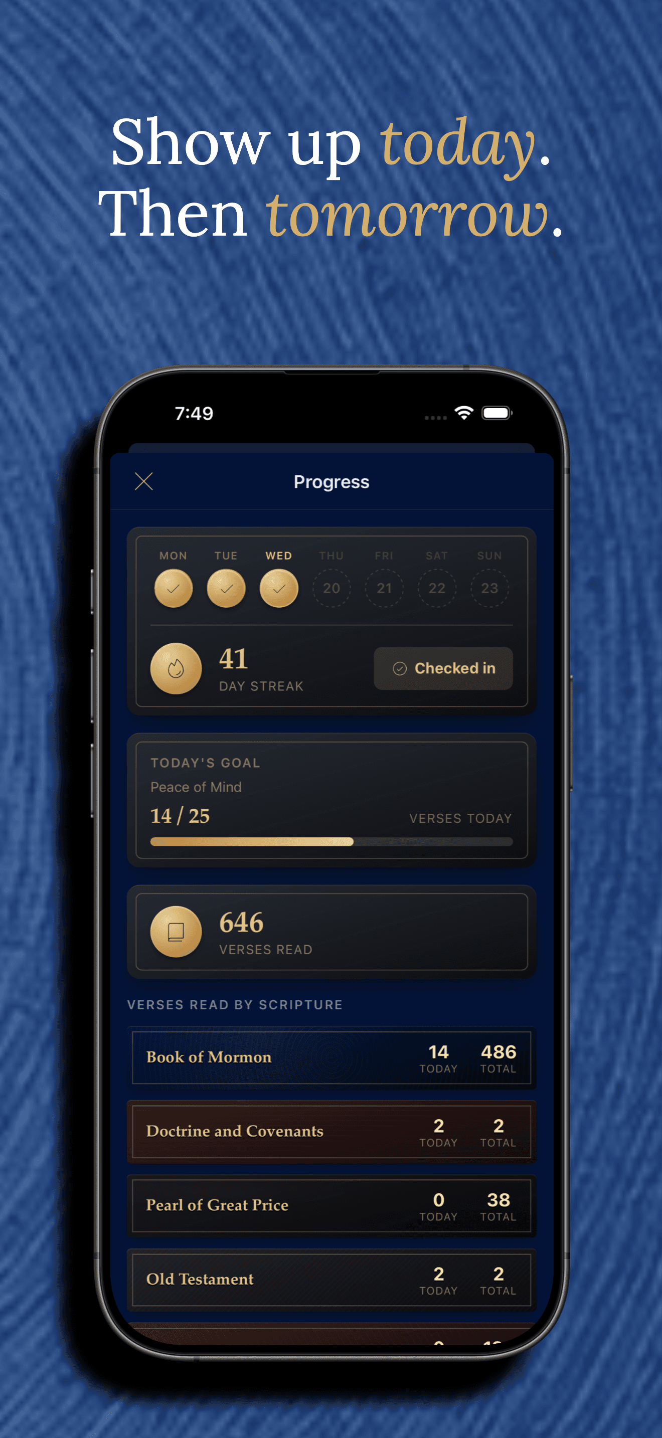 A progress screen showing a 41-day reading streak, today's verse goal, and total verses read by scripture