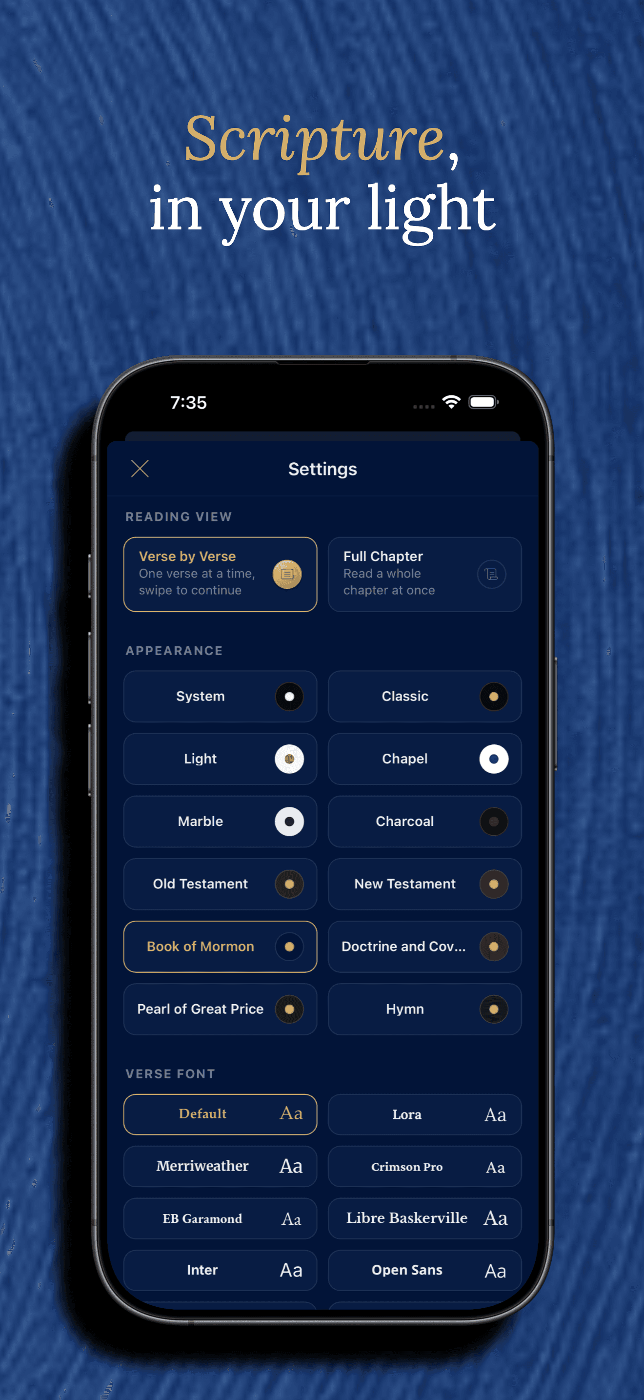 The Settings screen with reading-view, theme, and verse-font options — 12 themes and 10 fonts in all