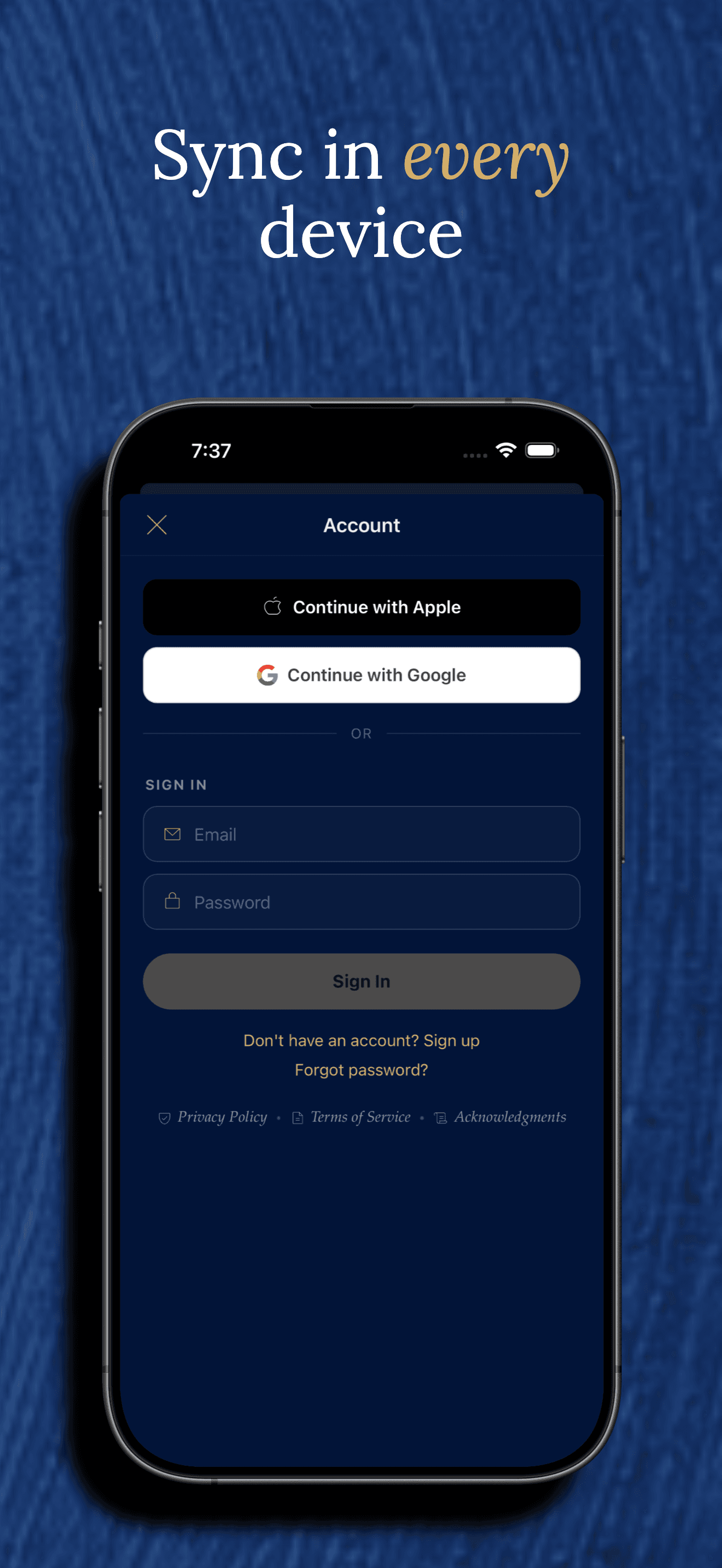 The account screen for signing in with Apple, Google, or email to sync progress across devices