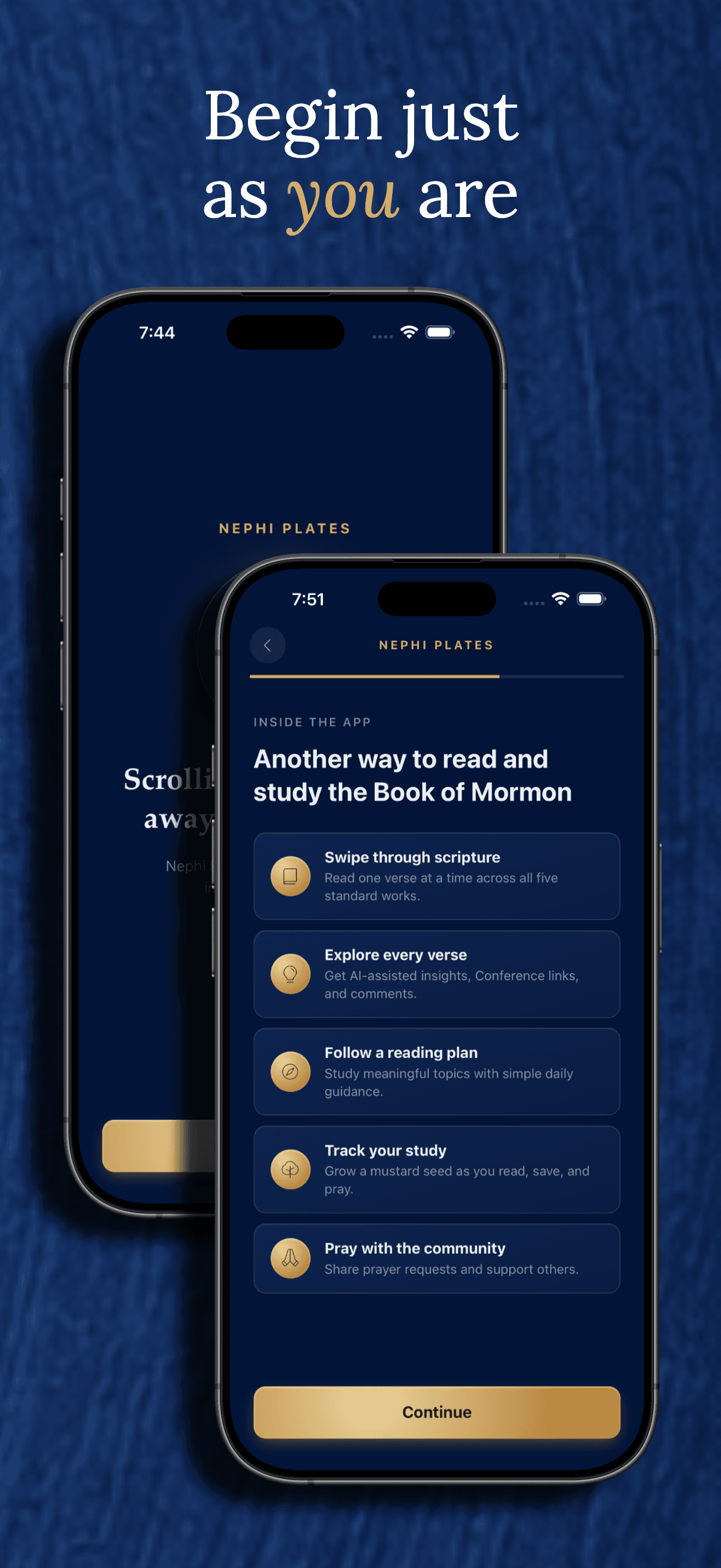 The onboarding screen introducing what's inside the app: swiping through scripture, AI-assisted study, reading plans, progress tracking, and the prayer community