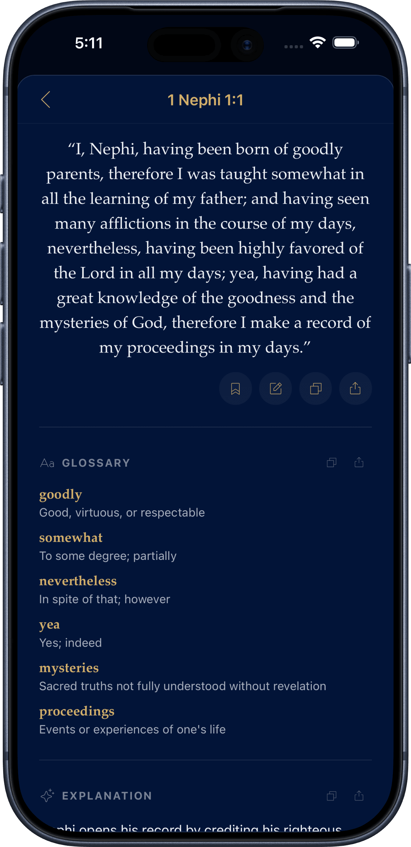 Verse detail screen showing an AI-generated glossary and explanation for a Book of Mormon verse